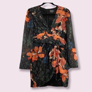 Bardot Metallic Shimmer Floral Mini Dress Black Coral Size 8